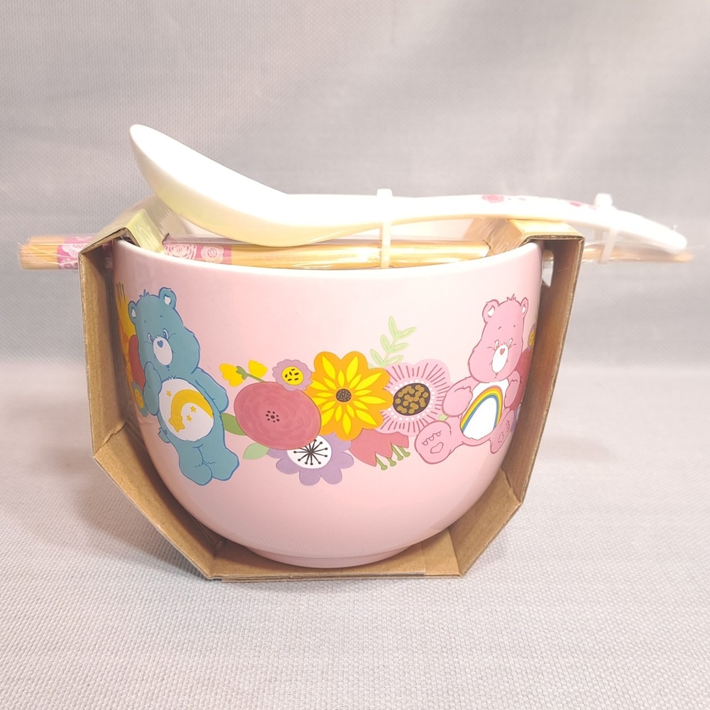Care Bears Pink/Multicolor Floral Ceramic Ramen Bowl With Chopsticks Spoon 20 oz
